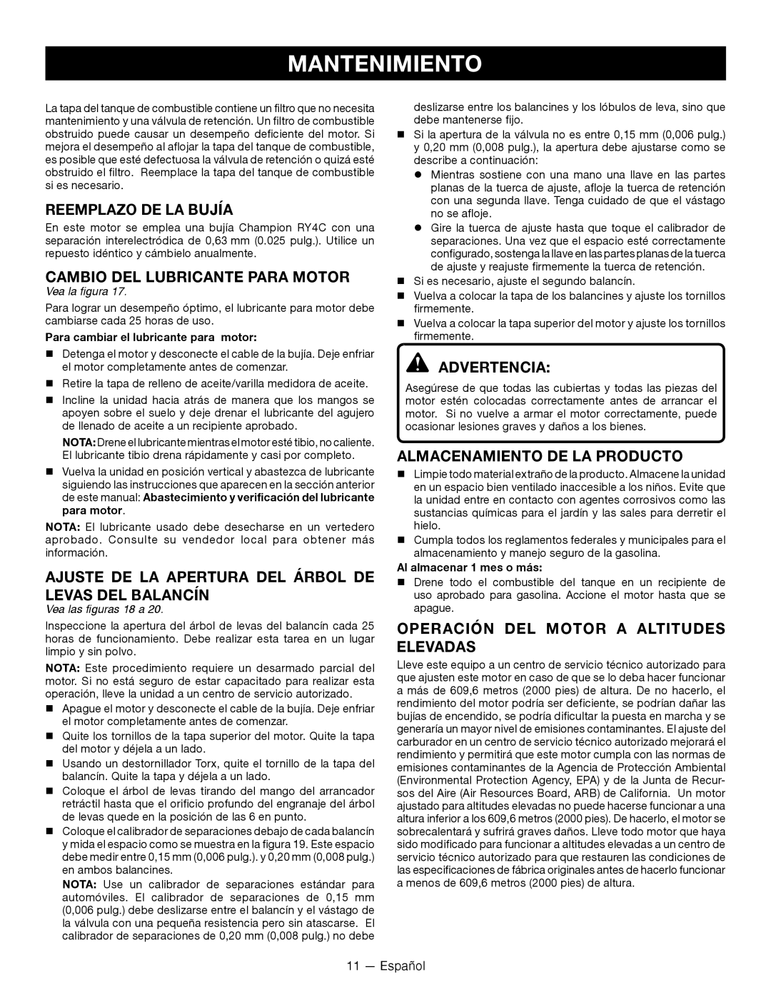 Ryobi RY13010 manuel dutilisation Reemplazo de la Bujía, Cambio DEL Lubricante Para Motor, Almacenamiento de la producto 