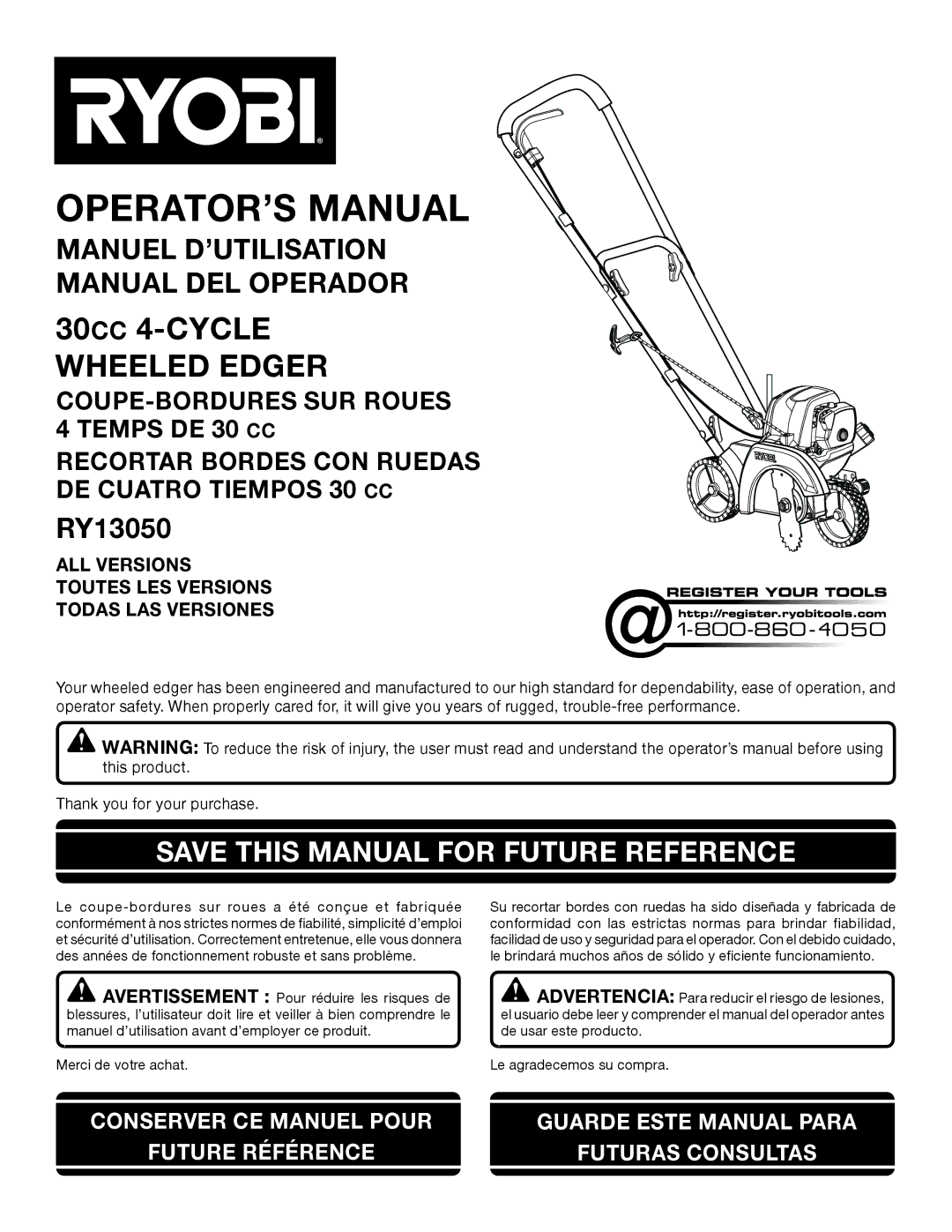 Ryobi RY13050 manuel dutilisation Save this Manual for Future Reference 