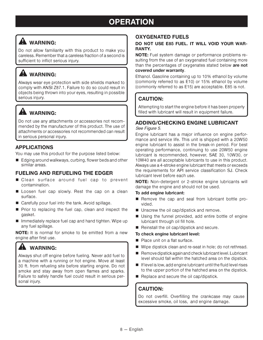 Ryobi RY13050 Operation, Applications, Fueling and Refueling the Edger, Oxygenated Fuels, ADDING/CHECKING Engine Lubricant 