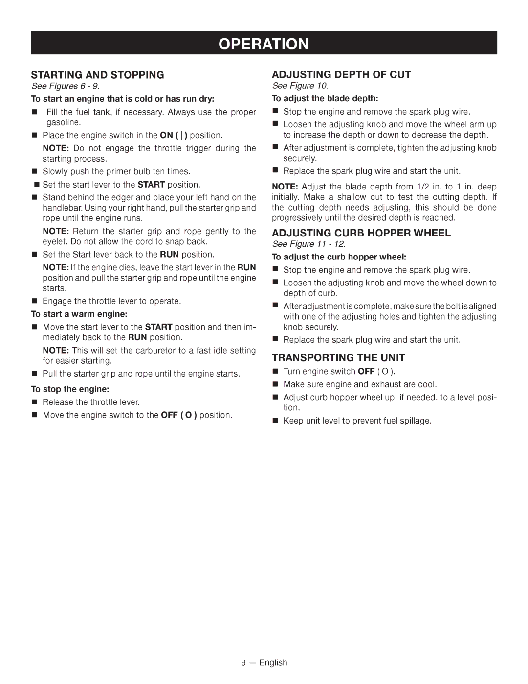 Ryobi RY13050 Starting and Stopping, Adjusting Depth of CUT, Adjusting Curb Hopper Wheel, Transporting the Unit 
