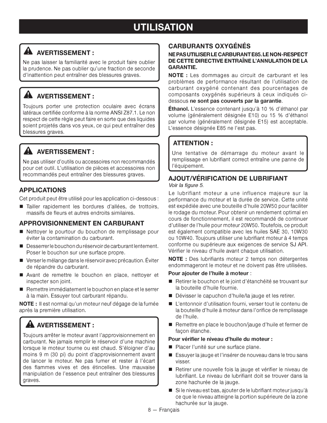 Ryobi RY13050 manuel dutilisation Utilisation, Avertissement, Carburants Oxygénés, Approvisionnement EN Carburant 