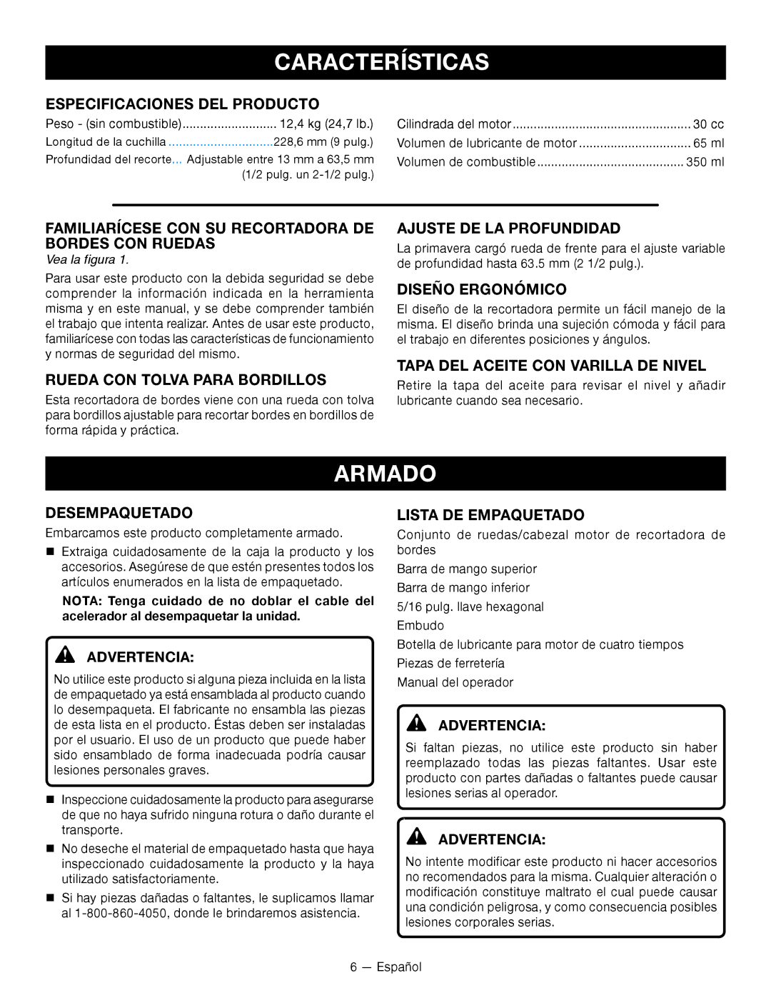 Ryobi RY13050 manuel dutilisation Características, Armado 