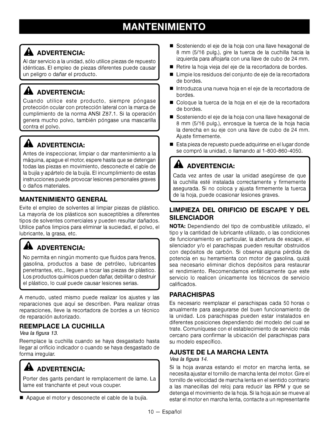 Ryobi RY13050 manuel dutilisation Mantenimiento 