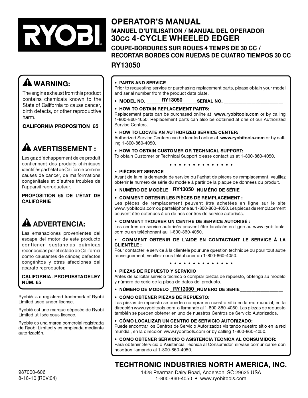 Ryobi RY13050 Manuel D’UTILISATION / Manual DEL Operador, California Proposition, Proposition 65 DE L’ÉTAT DE Californie 