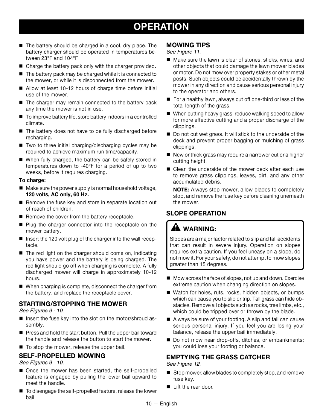 Ryobi RY14110 manuel dutilisation STARTING/STOPPING the Mower, Mowing Tips, Slope Operation, See Figures 9 