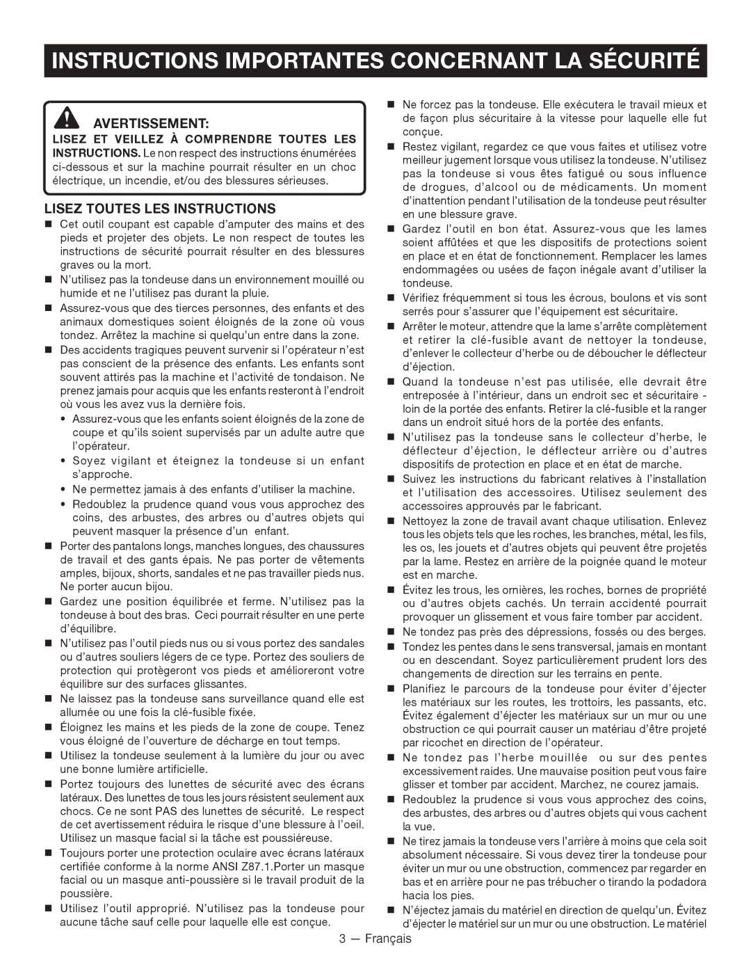 Ryobi RY14110 Instructions Importantes Concernant LA Sécurité, Avertissement, Lisez Toutes LES Instructions 