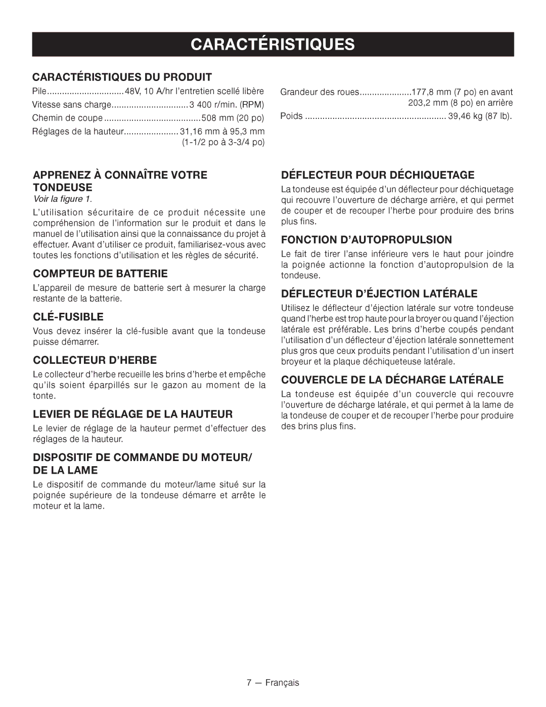 Ryobi RY14110 manuel dutilisation Caractéristiques 