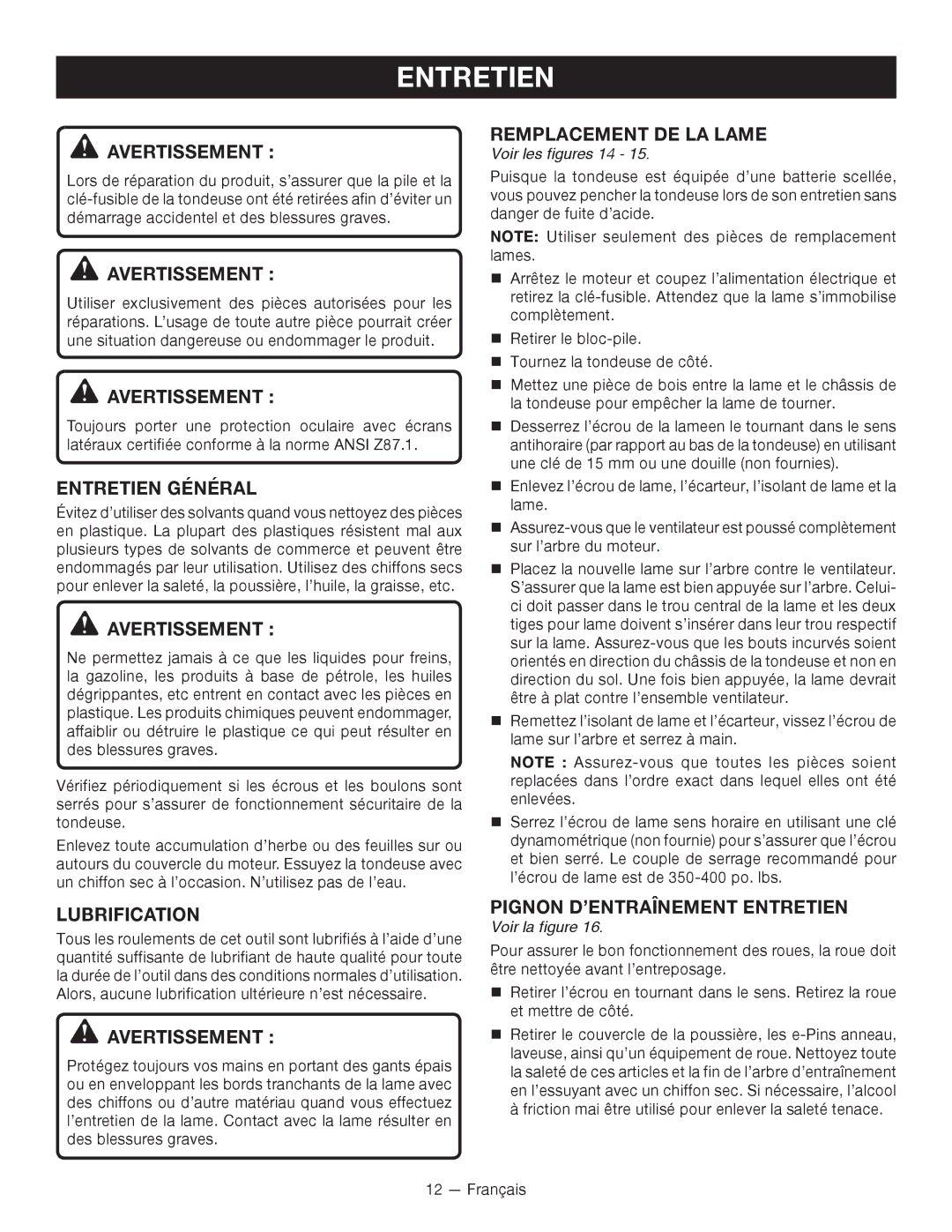 Ryobi RY14110 Entretien Général, Lubrification, Remplacement DE LA Lame, Pignon D’ENTRAÎNEMENT Entretien 