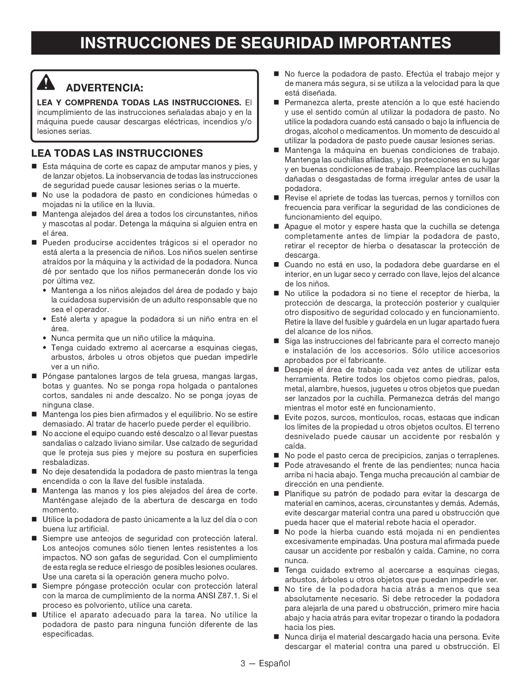 Ryobi RY14110 manuel dutilisation Instrucciones DE Seguridad Importantes, Advertencia, LEA Todas LAS Instrucciones 