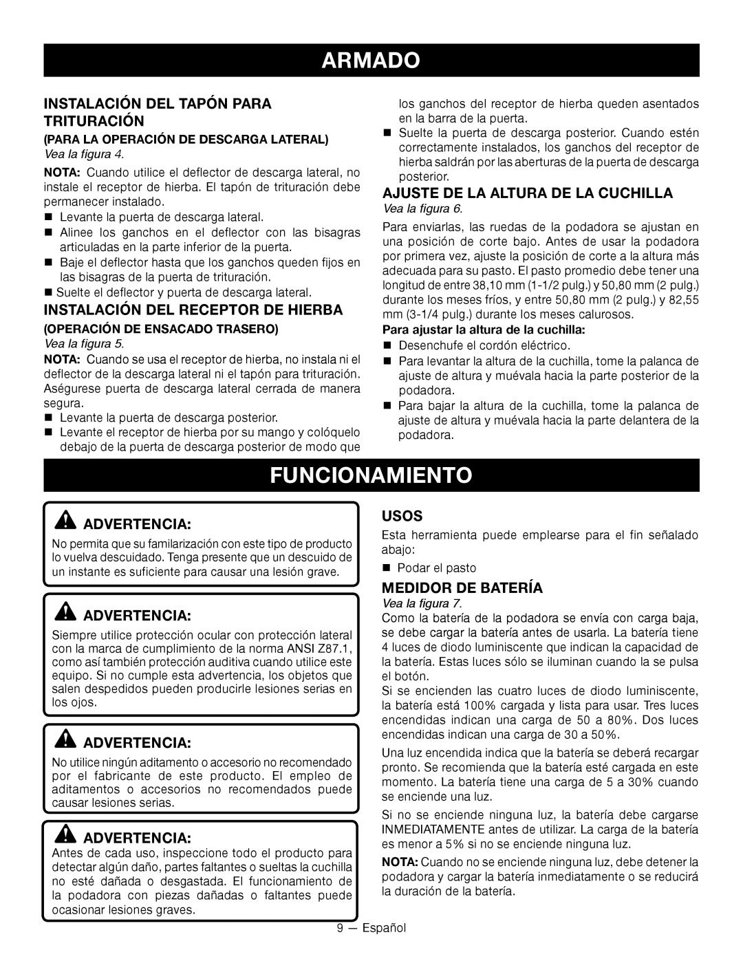 Ryobi RY14110 Funcionamiento, Instalación DEL Tapón Para Trituración, Instalación DEL Receptor DE Hierba, Usos 