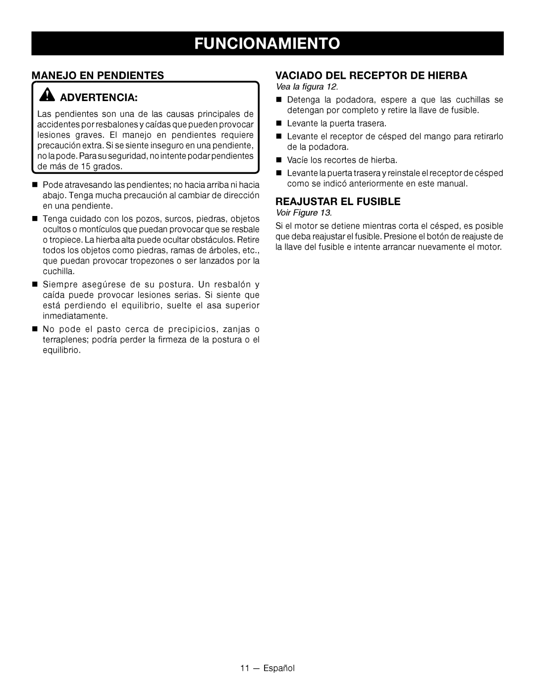 Ryobi RY14110 manuel dutilisation Manejo EN Pendientes Advertencia, Vaciado DEL Receptor DE Hierba, Reajustar EL Fusible 