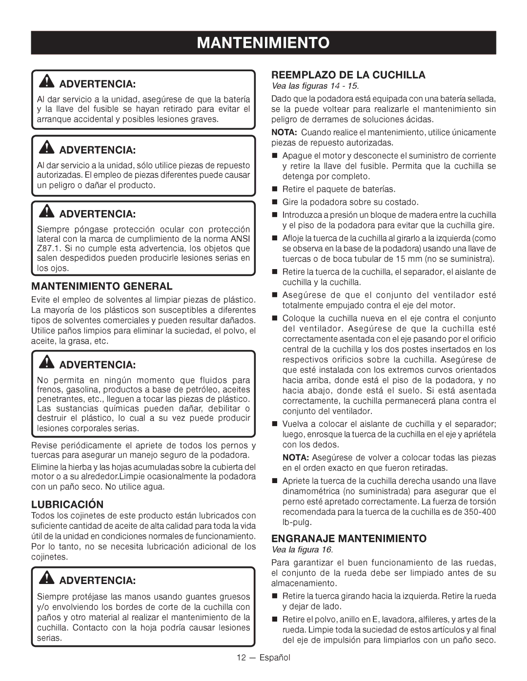 Ryobi RY14110 Advertencia Reemplazo DE LA Cuchilla, Mantenimiento General, Lubricación, Engranaje Mantenimiento 