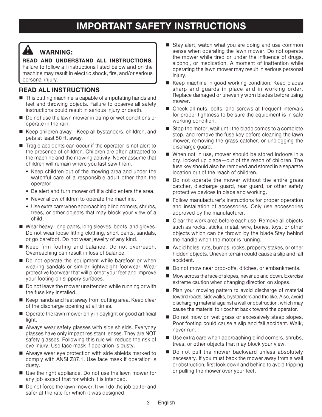 Ryobi RY14110 manuel dutilisation Important Safety Instructions, Read ALL Instructions 