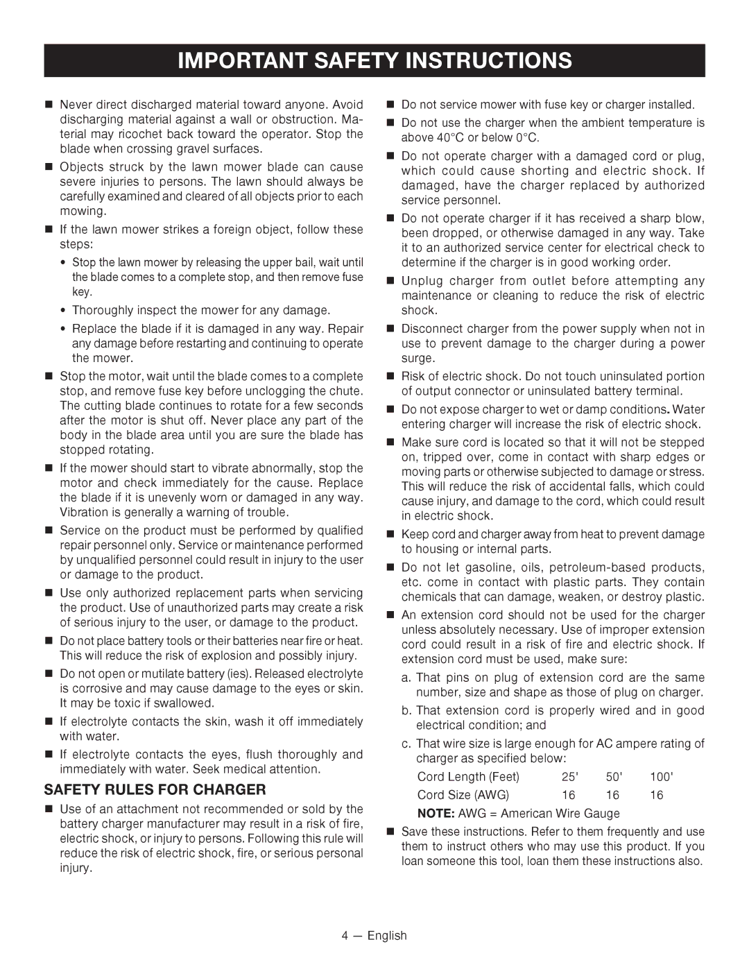 Ryobi RY14110 manuel dutilisation Safety Rules for Charger 