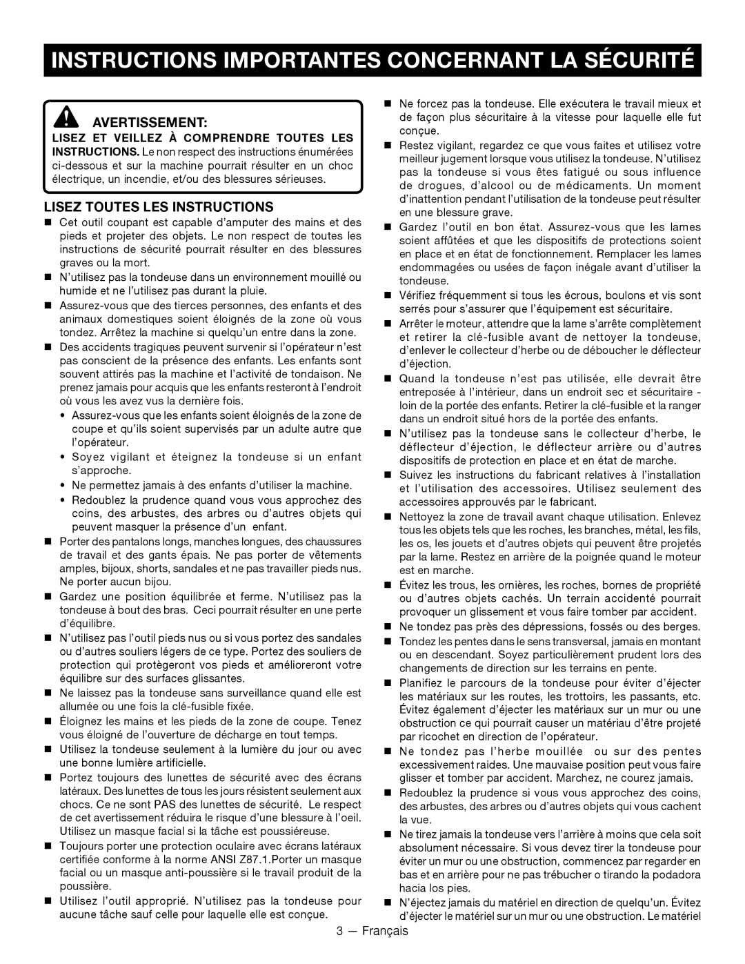 Ryobi RY14110 Instructions Importantes Concernant La Sécurité, Avertissement, Lisez Toutes Les Instructions 