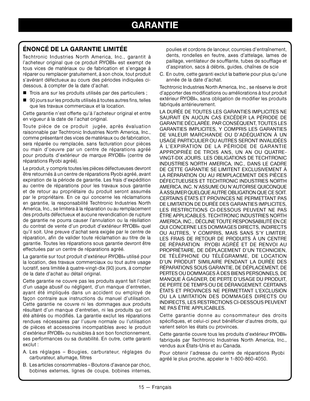 Ryobi RY14110 manuel dutilisation Énoncé De La Garantie Limitée 