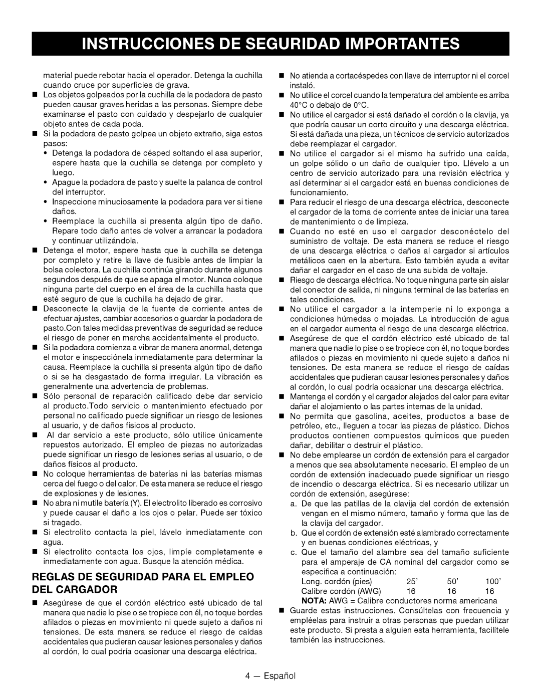 Ryobi RY14110 Reglas De Seguridad Para El Empleo Del Cargador, Instrucciones De Seguridad Importantes, Español 