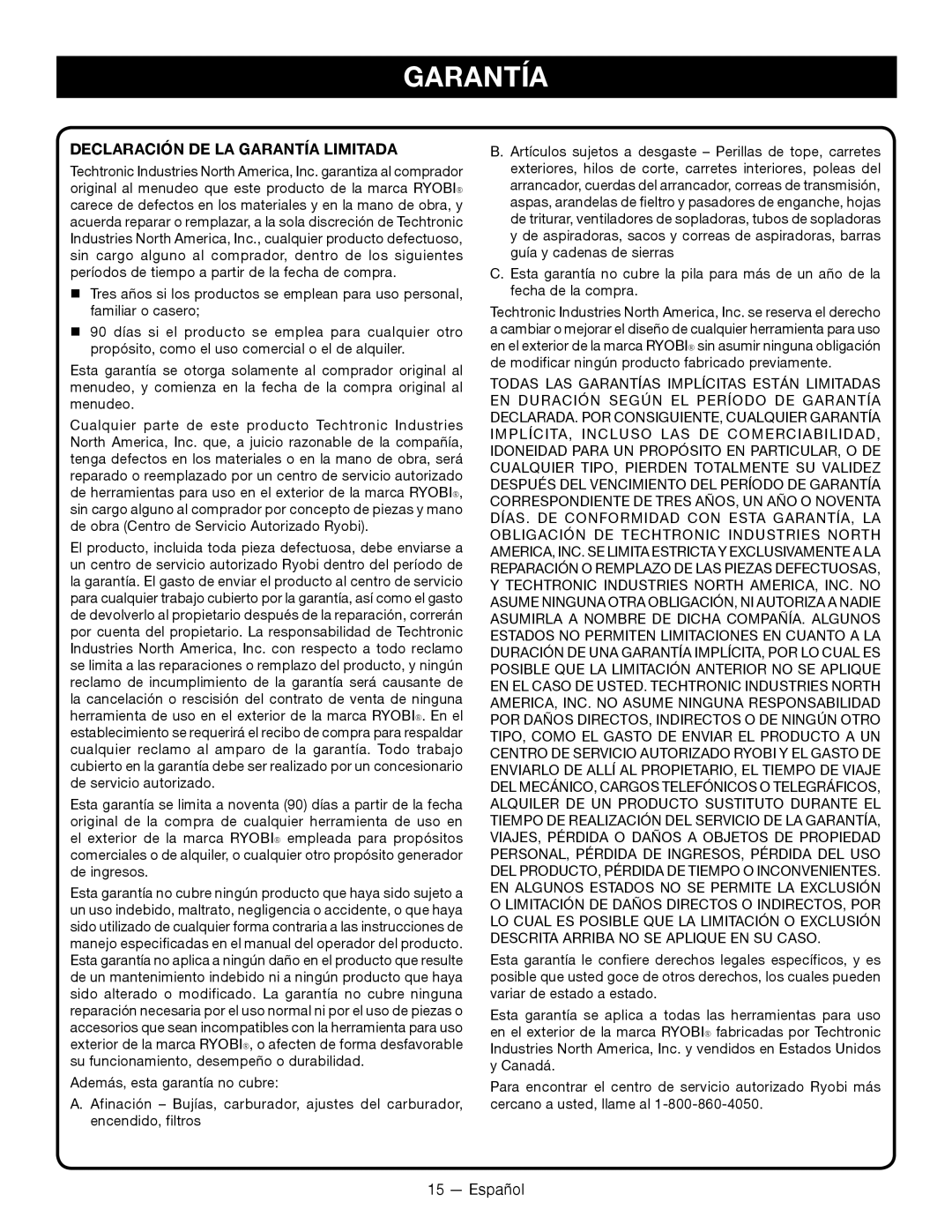 Ryobi RY14110 manuel dutilisation Declaración De La Garantía Limitada 