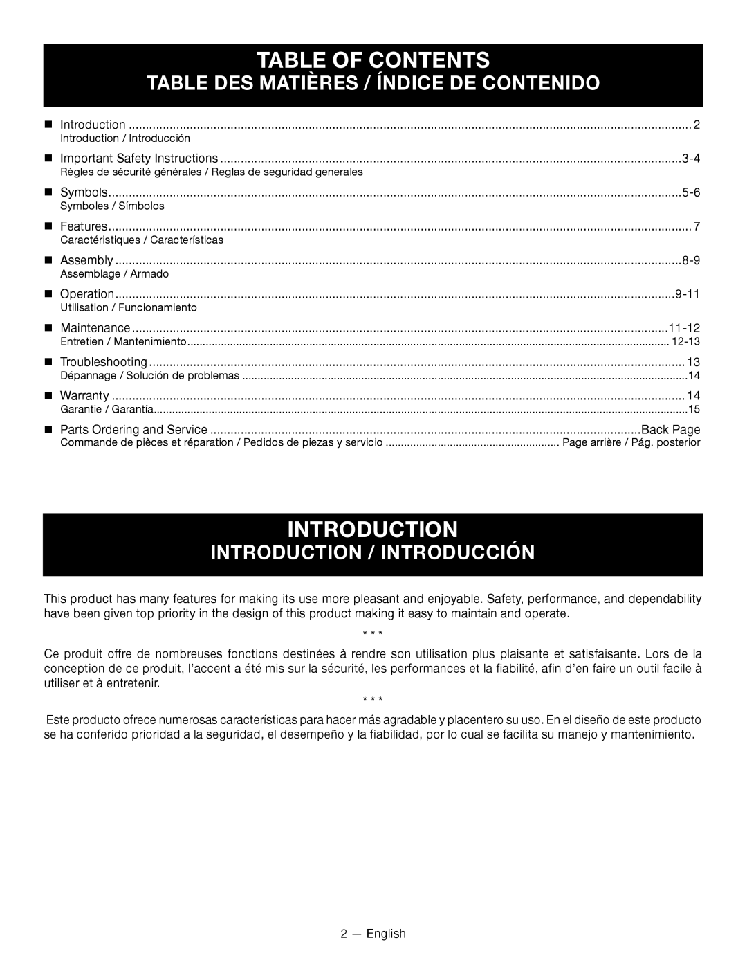 Ryobi RY14110 Table Of Contents, Table Des Matières / Índice De Contenido, Introduction / Introducción 