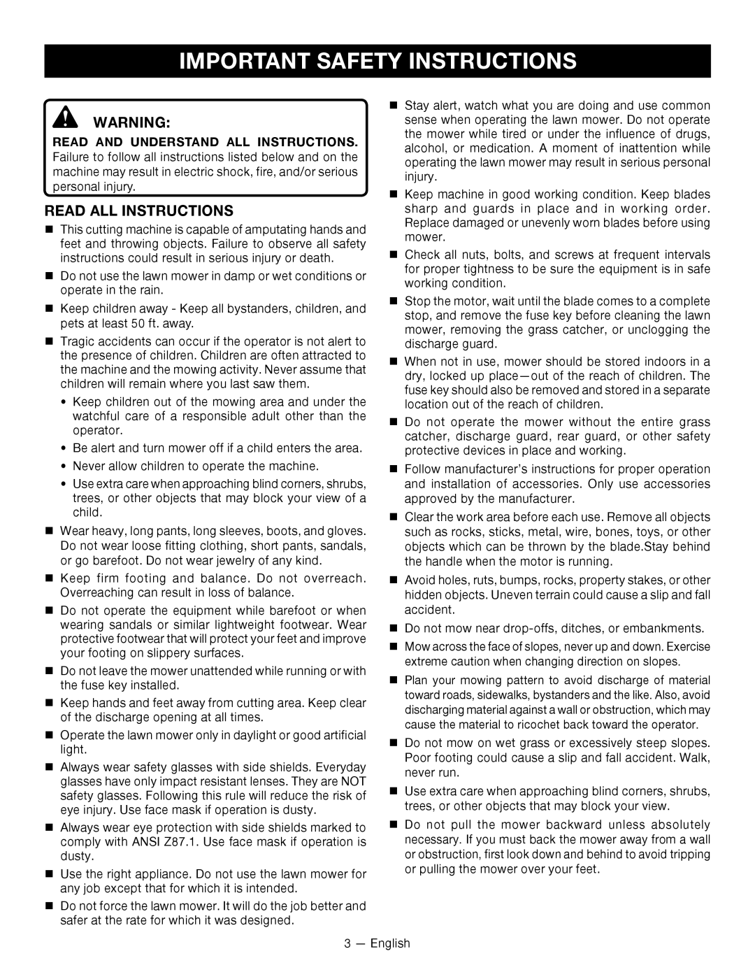 Ryobi RY14110 manuel dutilisation Important Safety Instructions, Read All Instructions 