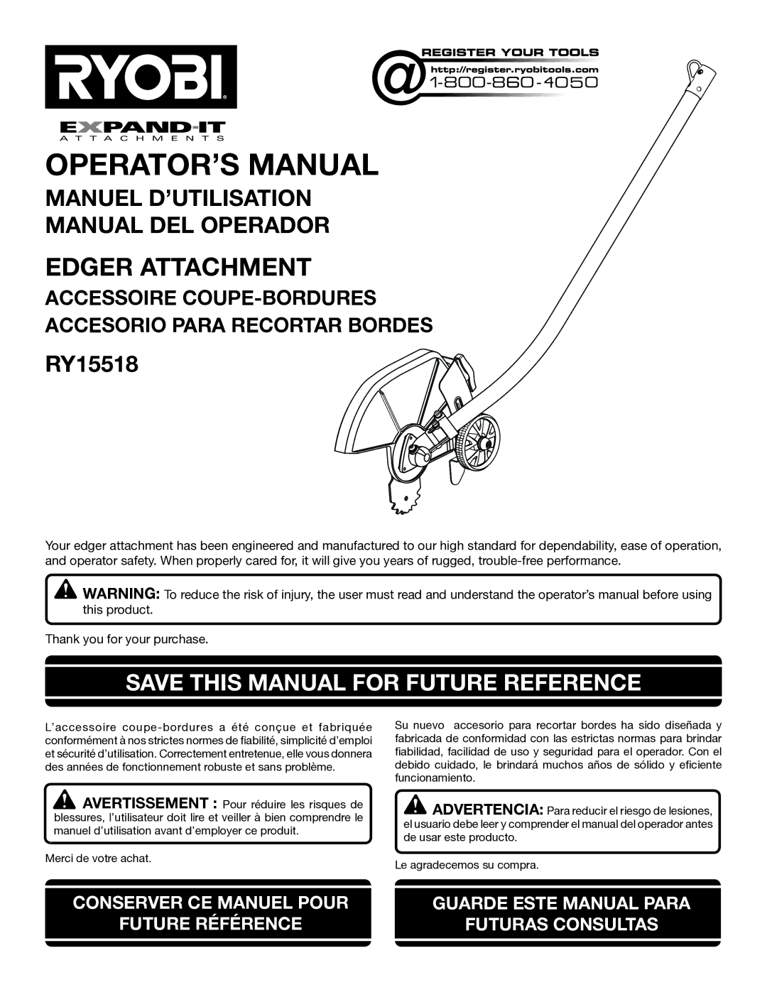 Ryobi RY15518 manuel dutilisation OPERATOR’S Manual, Save this Manual for Future Reference 