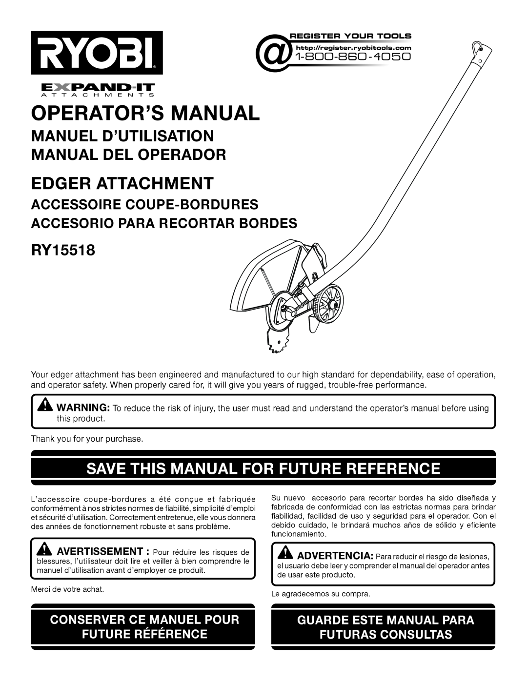 Ryobi RY15518 manuel dutilisation Save This Manual For Future Reference, Accessoire Coupe-Bordures, Operator’S Manual 