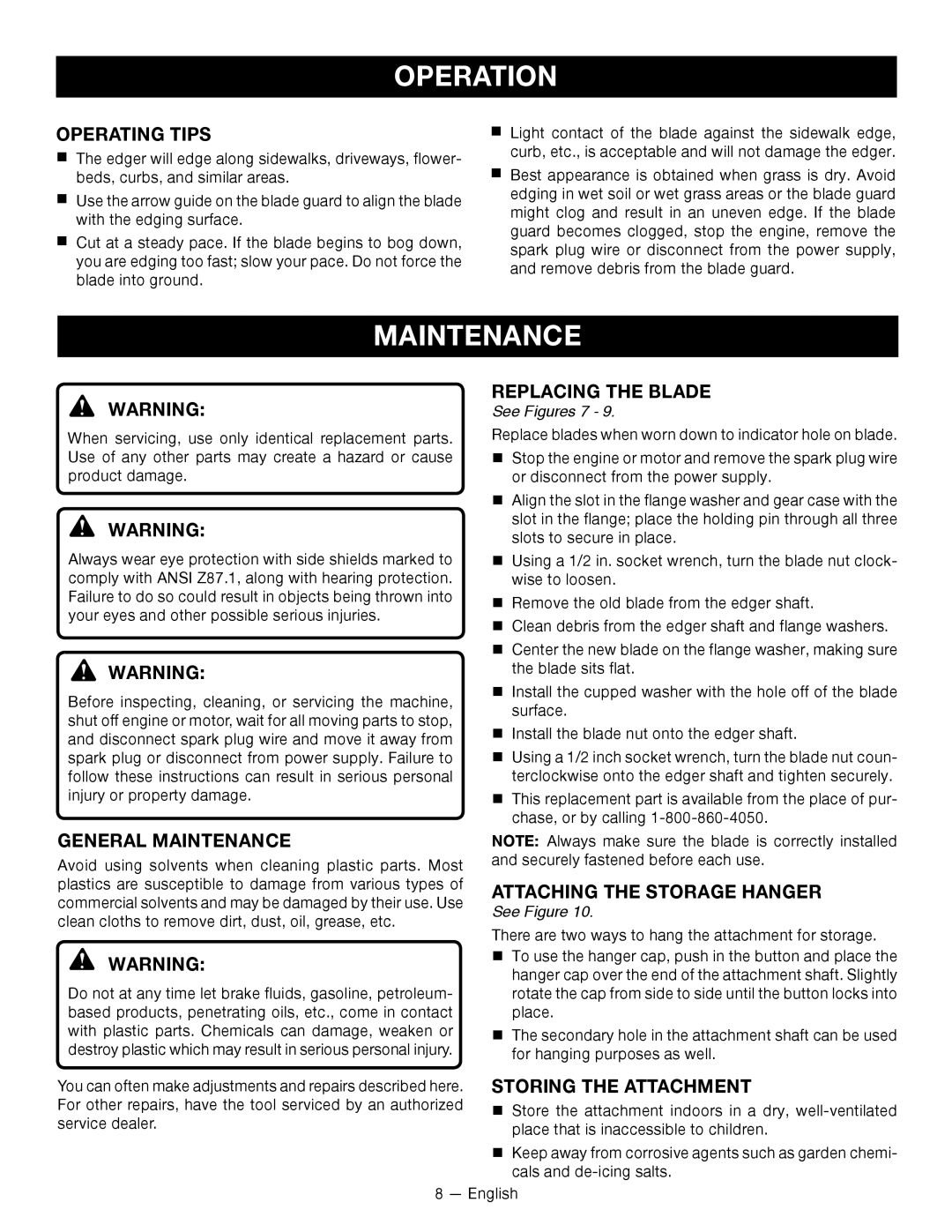 Ryobi RY15518 Operating Tips, General Maintenance, Replacing The Blade, Attaching The Storage Hanger, See Figures 