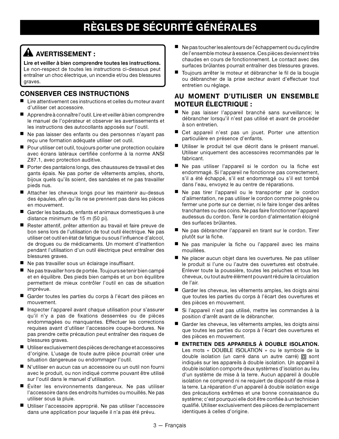 Ryobi RY15518 manuel dutilisation Règles De Sécurité Générales, Avertissement, Conserver Ces Instructions 
