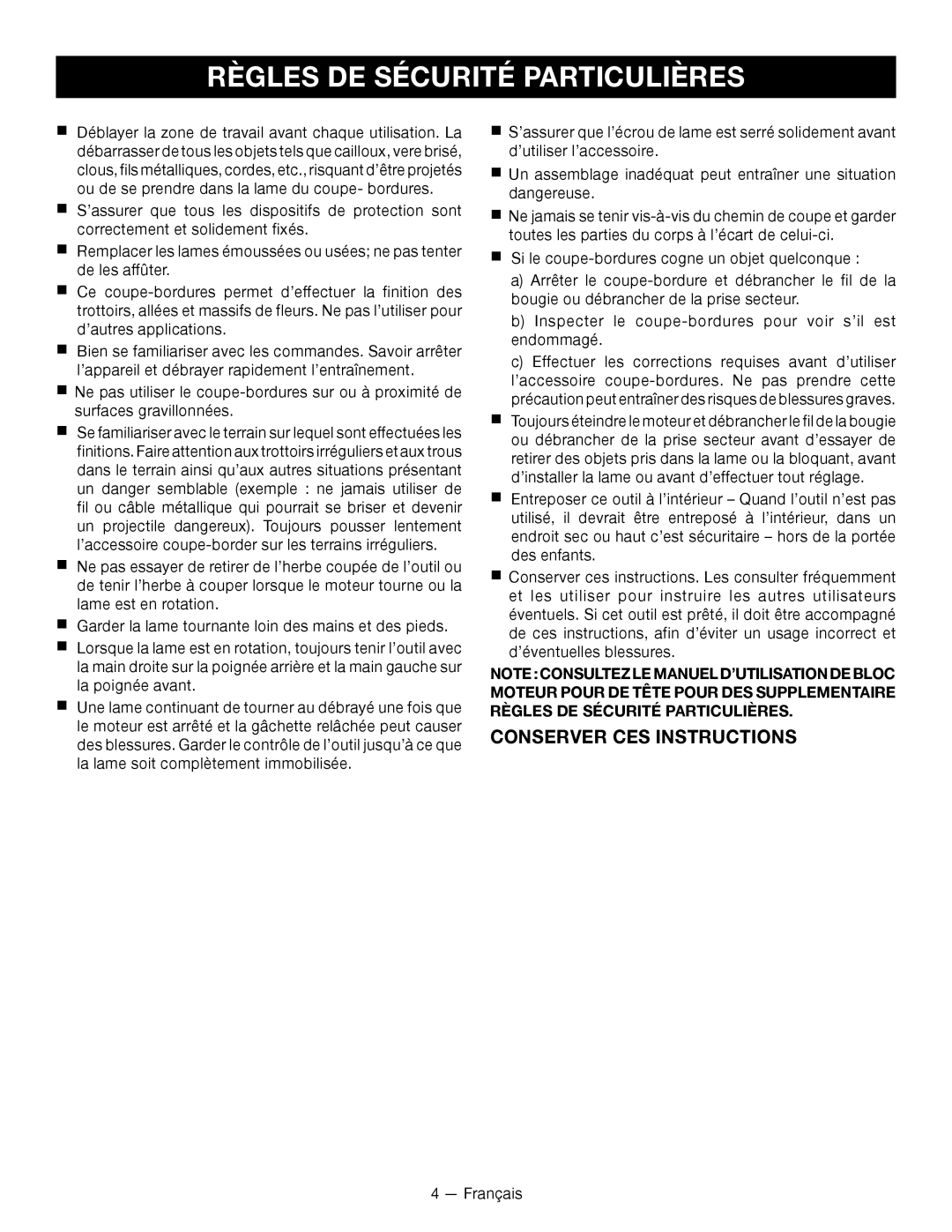 Ryobi RY15518 manuel dutilisation Règles De Sécurité Particulières, Conserver Ces Instructions 