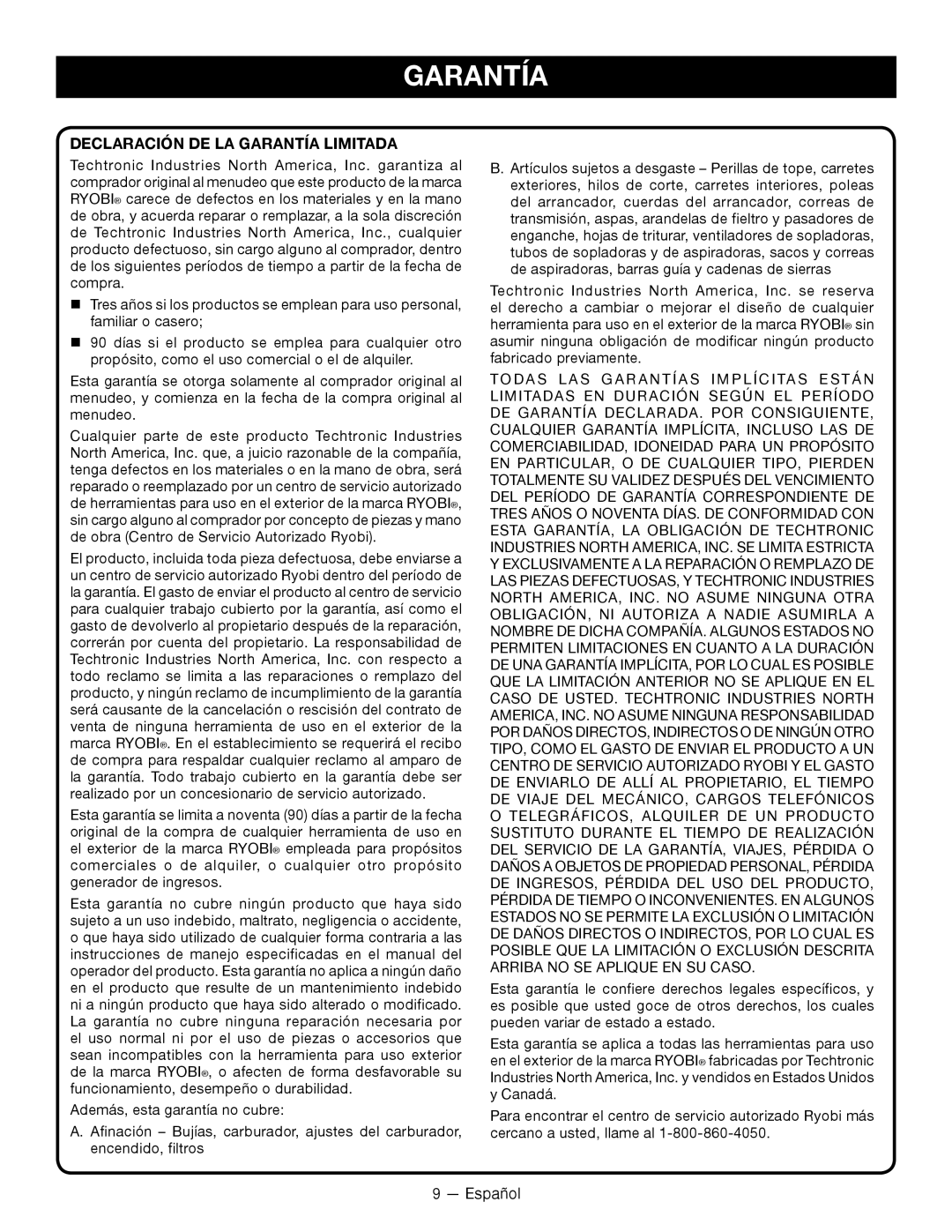 Ryobi RY15518 manuel dutilisation Declaración De La Garantía Limitada 