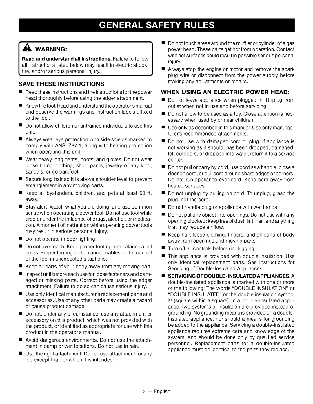 Ryobi RY15518 manuel dutilisation General Safety Rules, Save These Instructions, When Using An Electric Power Head 