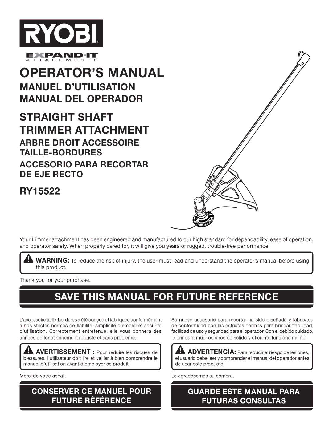 Ryobi RY15522 manuel dutilisation OPERATOR’S Manual, Save this Manual for Future Reference 