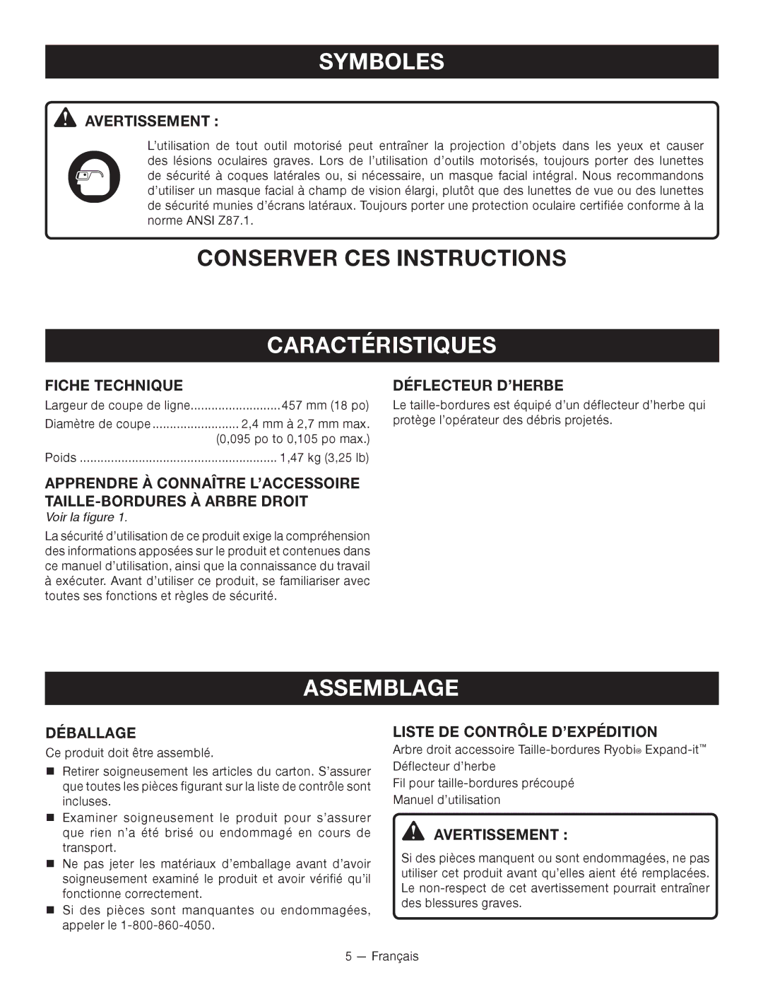 Ryobi RY15522 manuel dutilisation Caractéristiques, Assemblage 