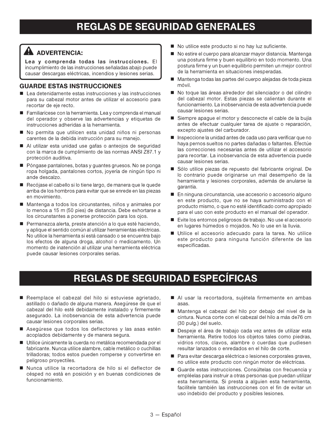 Ryobi RY15522 manuel dutilisation Reglas DE Seguridad Generales, Reglas DE Seguridad Específicas 