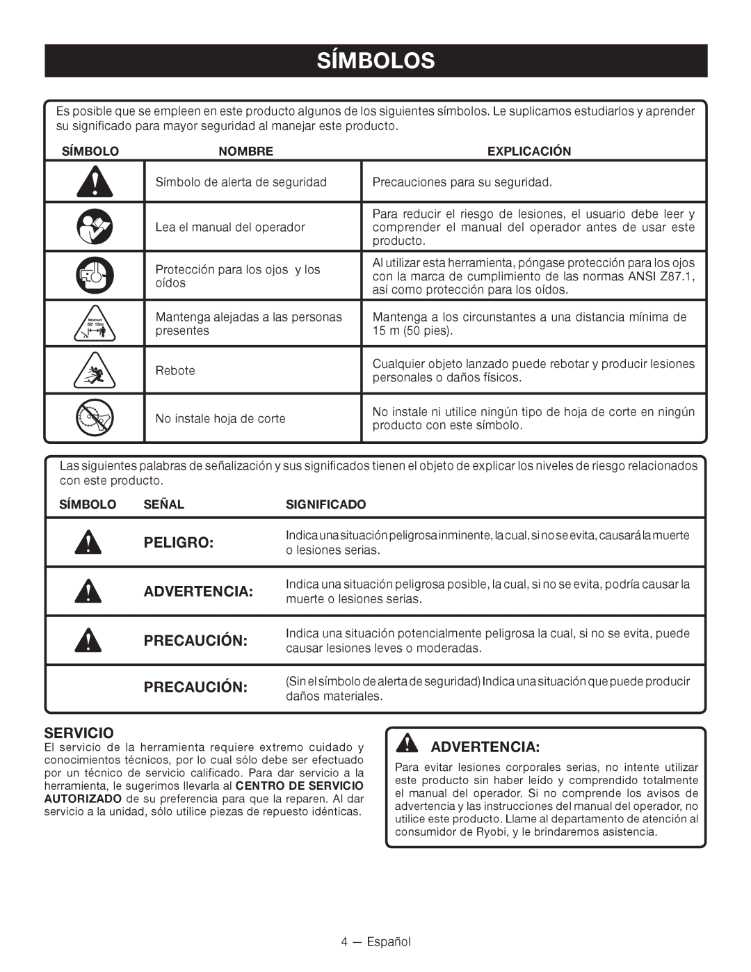 Ryobi RY15522 manuel dutilisation Símbolos, Peligro, Advertencia, Precaución, Servicio 