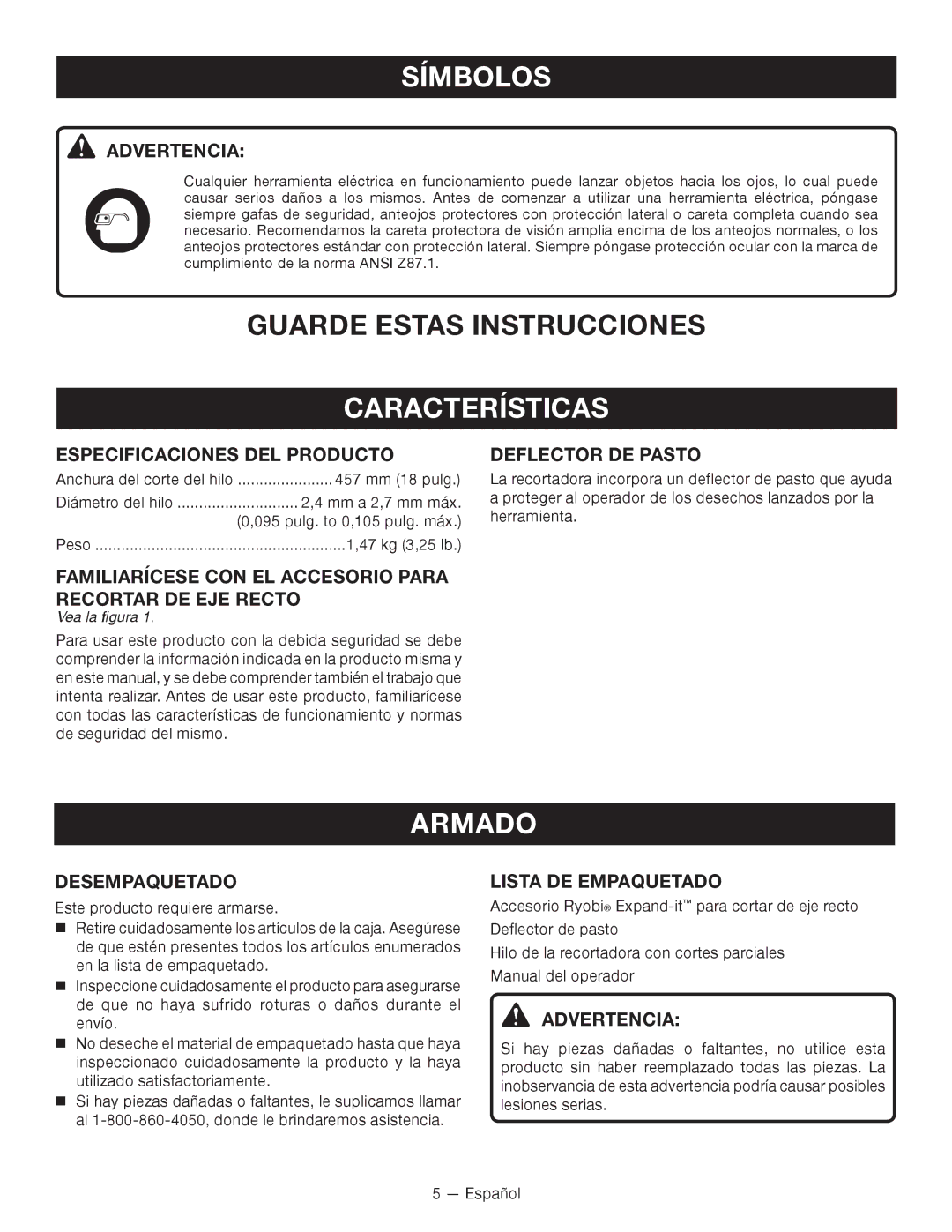 Ryobi RY15522 manuel dutilisation Características, Armado 