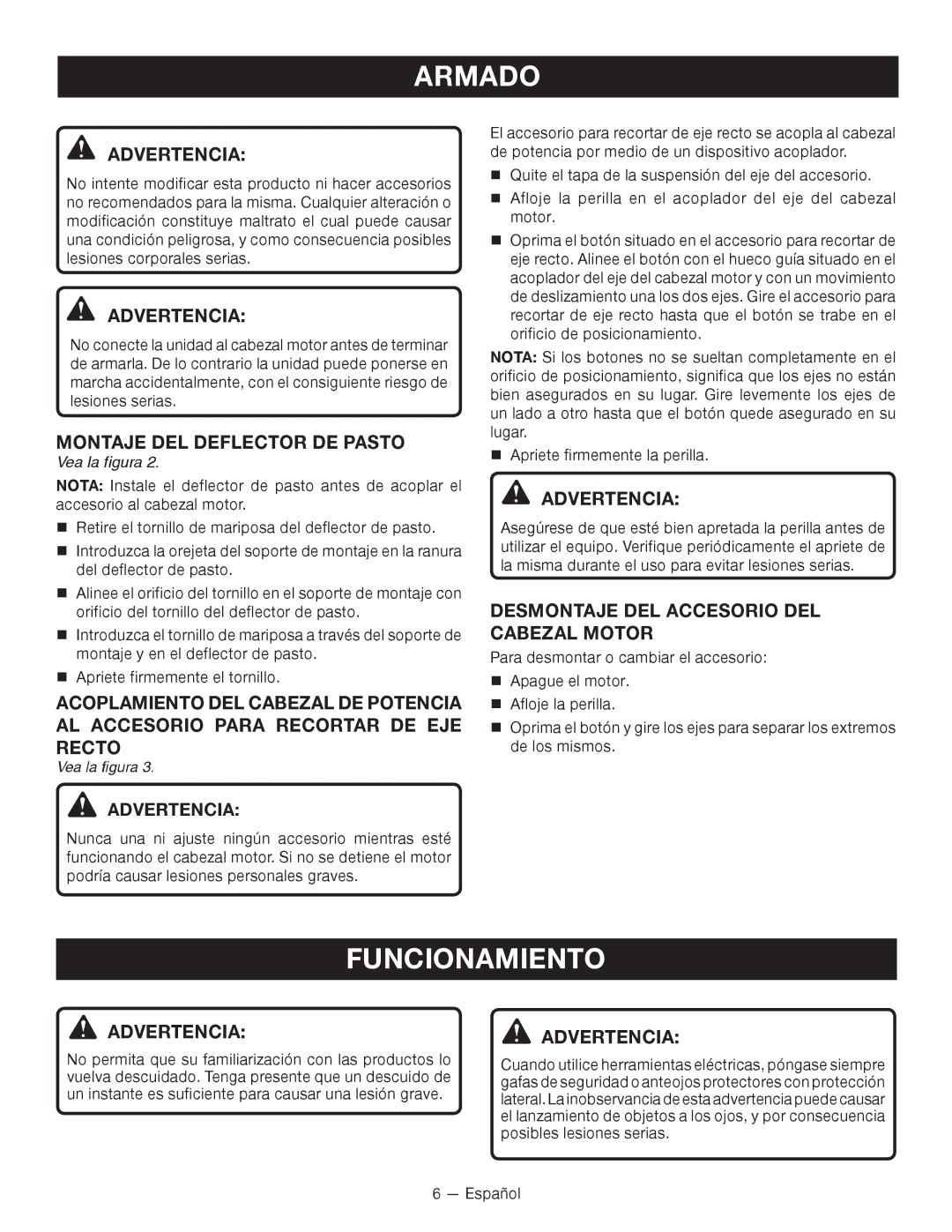 Ryobi RY15522 Funcionamiento, Montaje DEL Deflector DE Pasto, Desmontaje del Accesorio del cabezal motor 