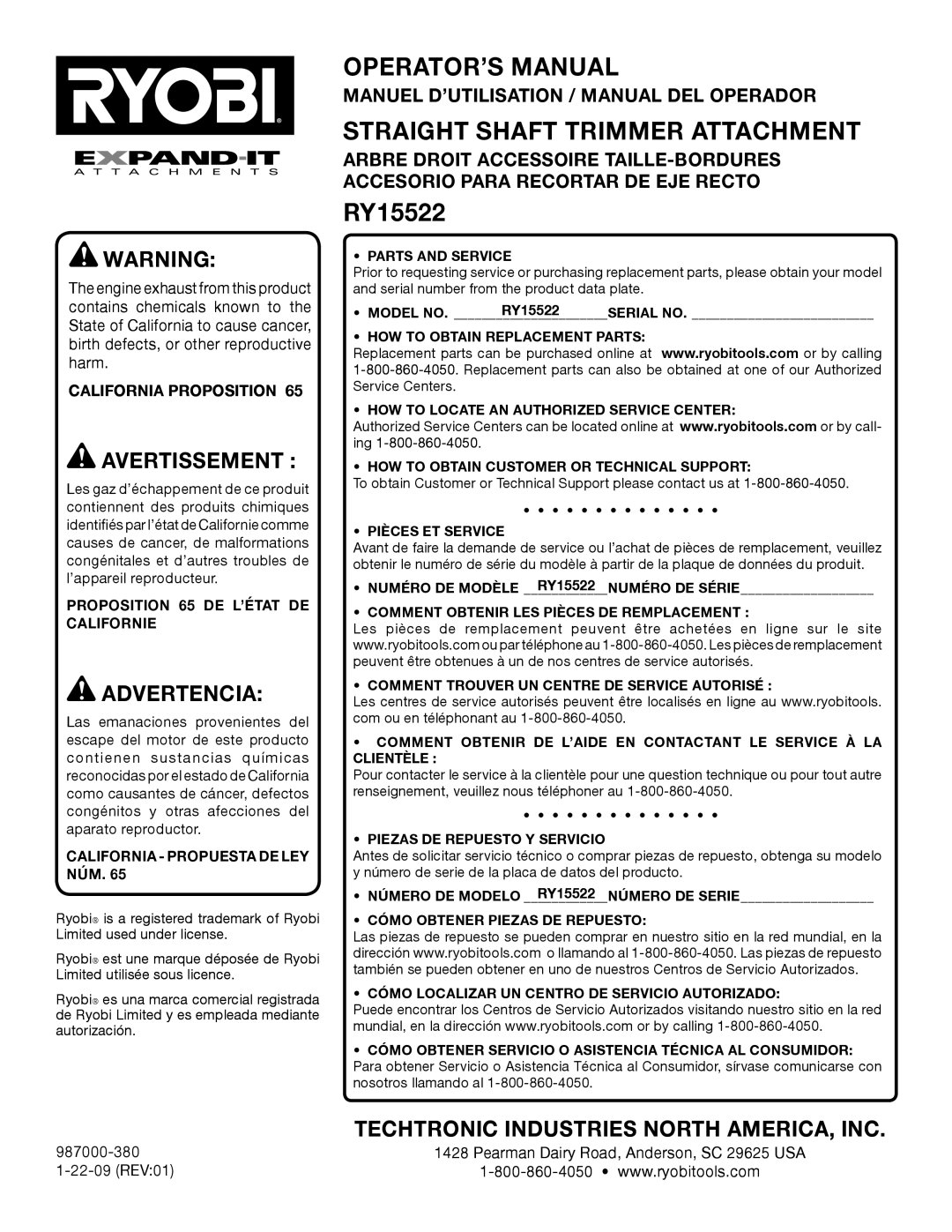 Ryobi RY15522 Manuel D’UTILISATION / Manual DEL Operador, California Proposition, Proposition 65 DE L’ÉTAT DE Californie 