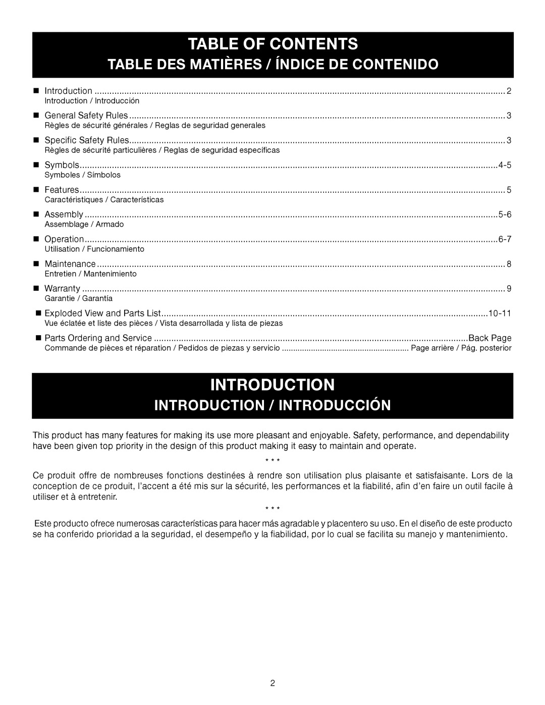 Ryobi RY15522 manuel dutilisation Table of Contents 