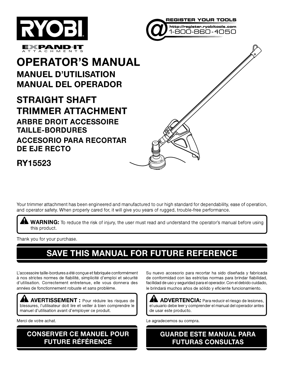 Ryobi RY15523 manuel dutilisation OPERATOR’S Manual, Save this Manual for Future Reference 