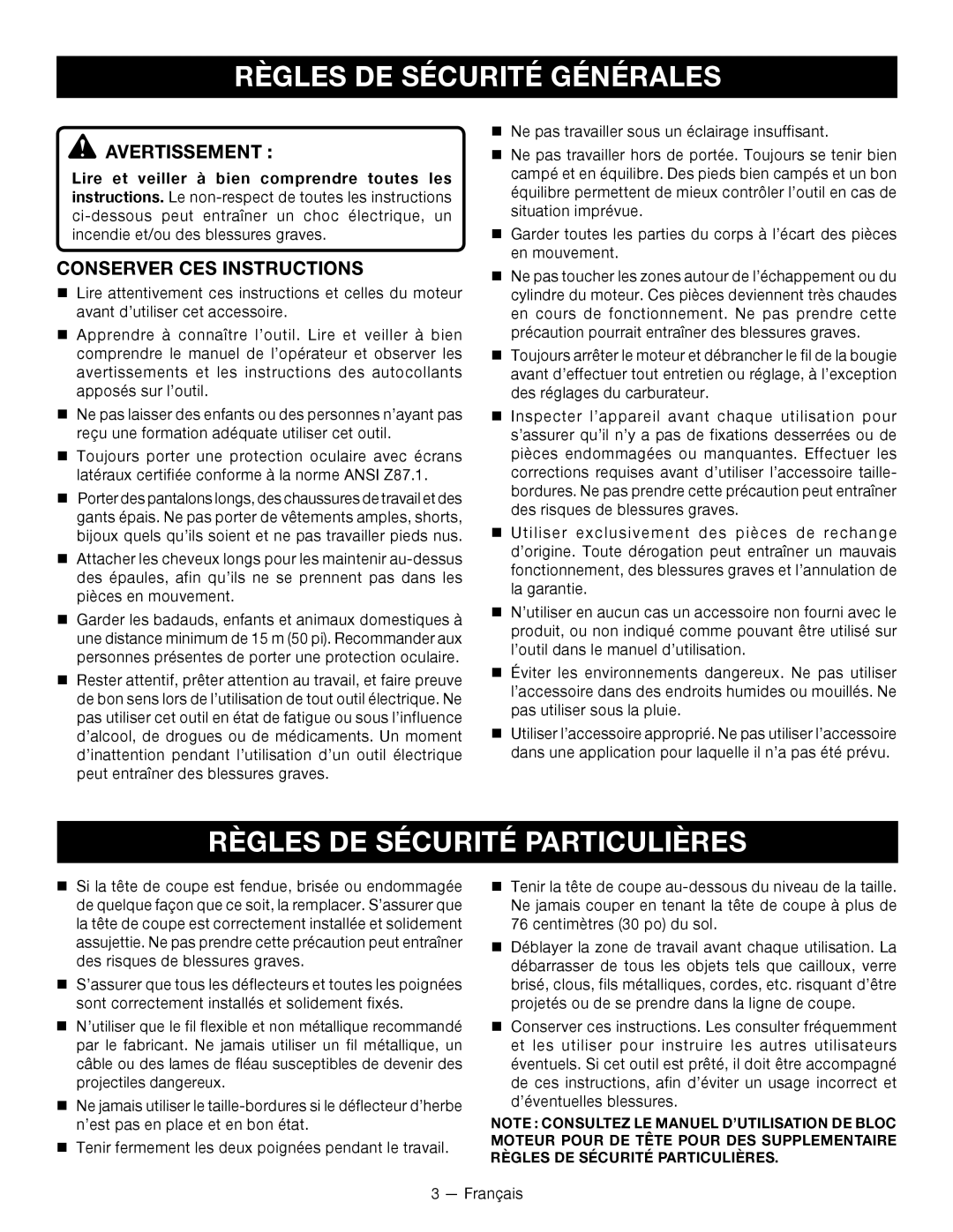 Ryobi RY15523 Règles DE Sécurité Générales, Règles DE Sécurité Particulières, Avertissement , Conserver CES Instructions 