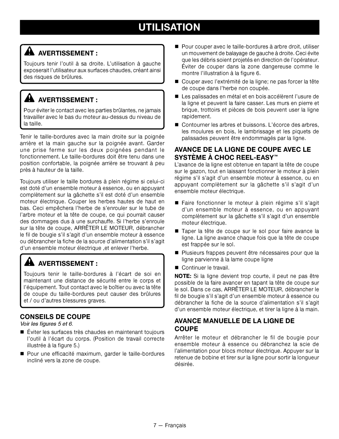 Ryobi RY15523 manuel dutilisation Conseils DE Coupe, Avance Manuelle DE LA Ligne DE Coupe, Voir les figures 5 et 