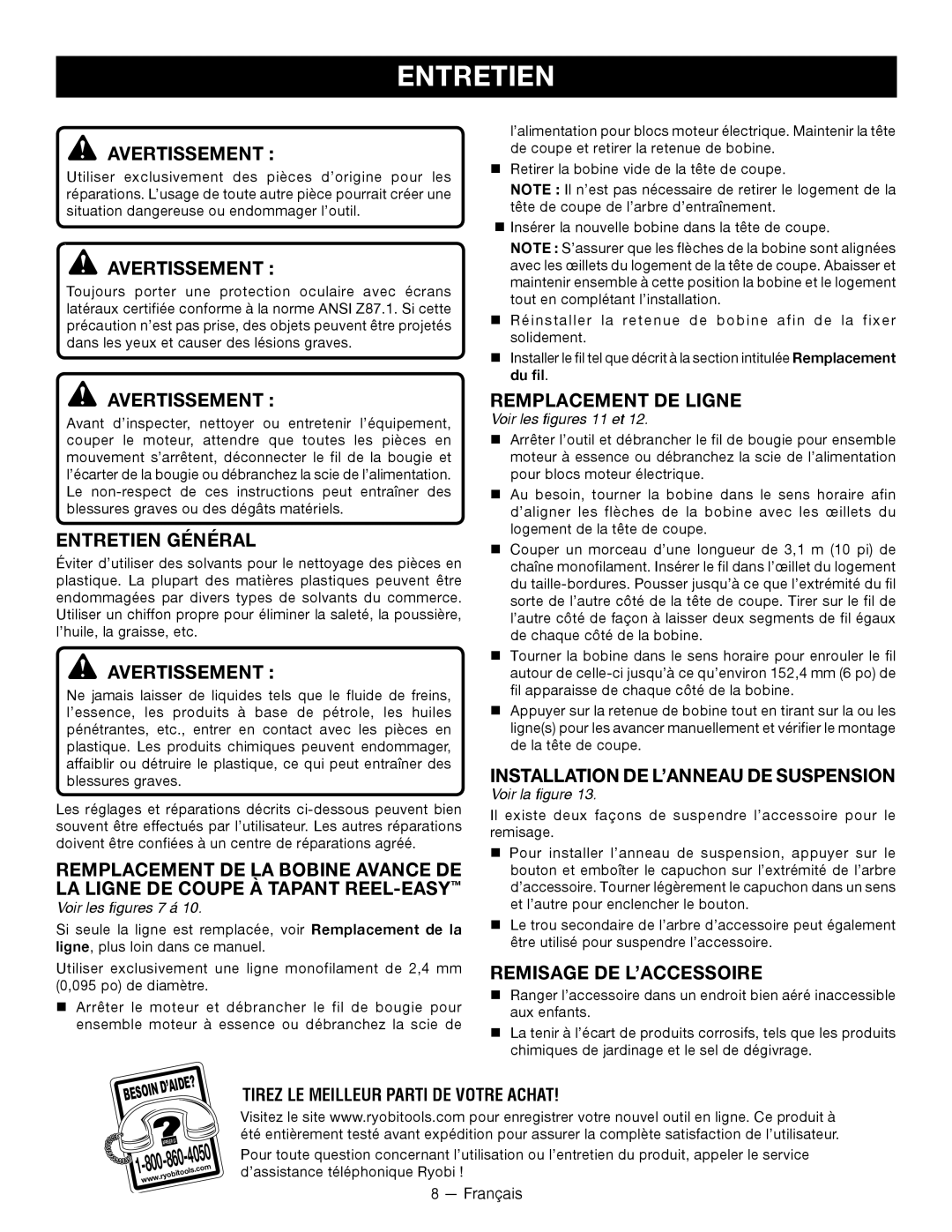 Ryobi RY15523 manuel dutilisation Entretien Général, Remplacement DE Ligne, Installation DE L’ANNEAU DE Suspension 