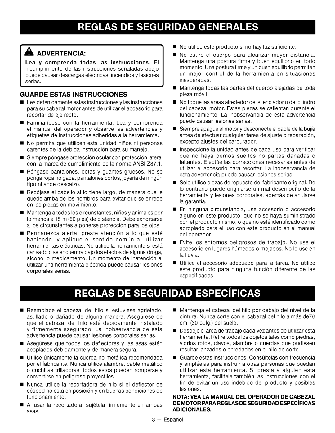 Ryobi RY15523 Reglas DE Seguridad Generales, Reglas DE Seguridad Específicas, Advertencia, Guarde Estas Instrucciones 