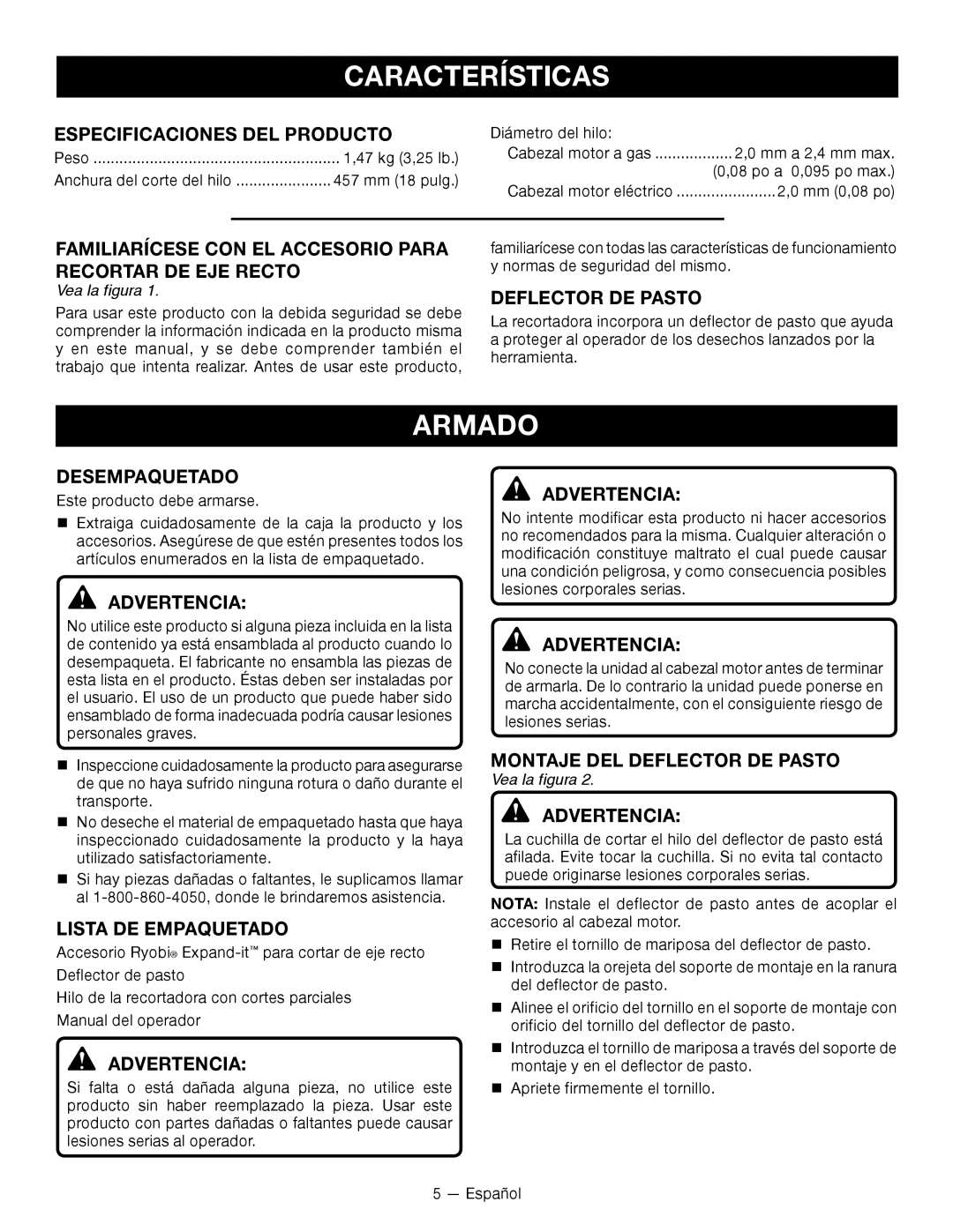 Ryobi RY15523 manuel dutilisation Características, Armado 