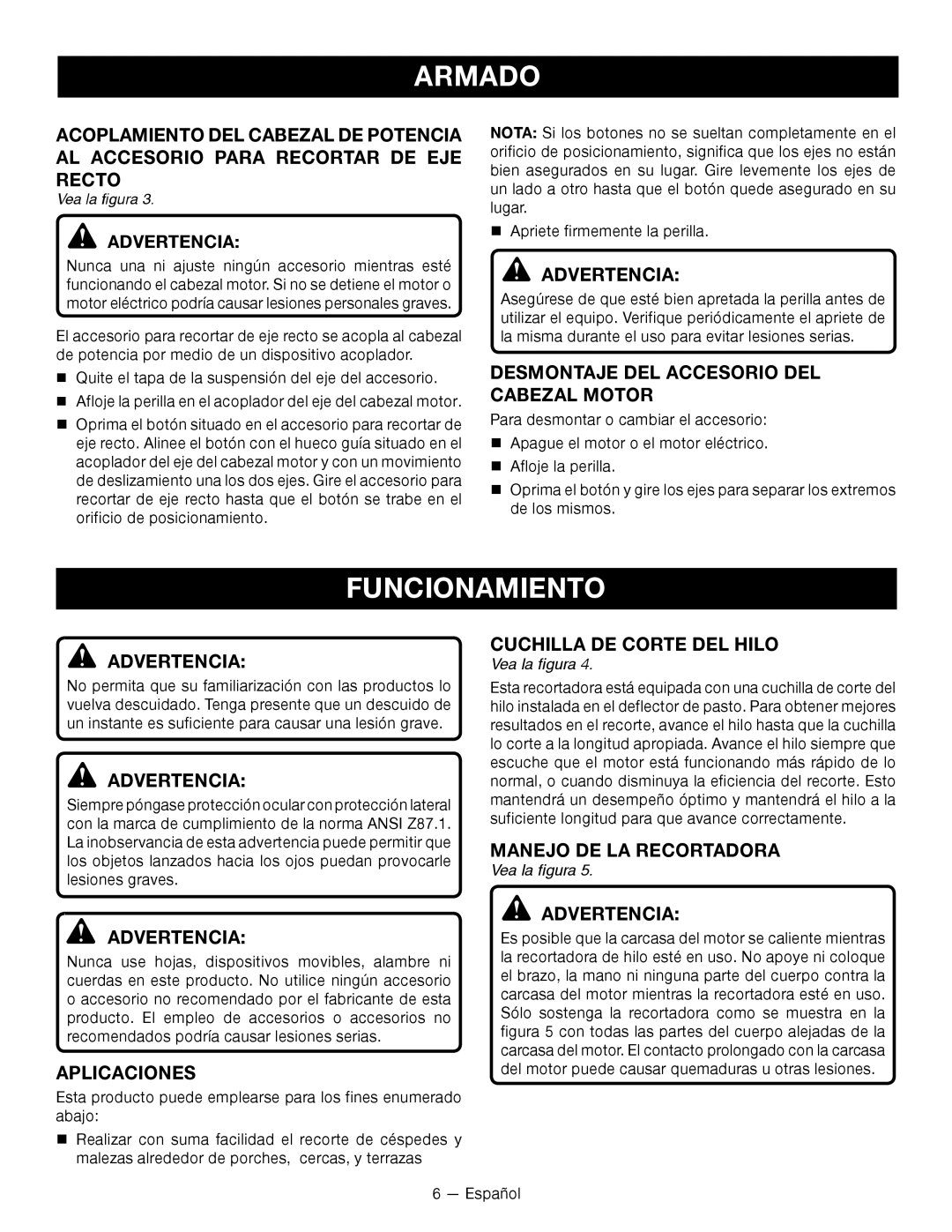 Ryobi RY15523 Funcionamiento, Desmontaje del Accesorio del cabezal motor, Cuchilla DE Corte DEL Hilo, Aplicaciones 