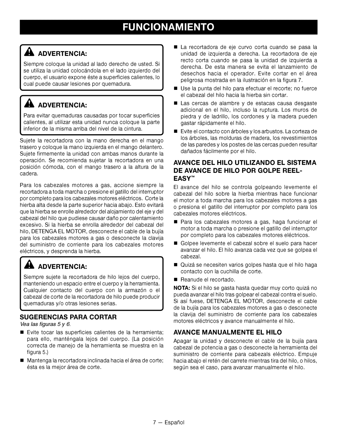 Ryobi RY15523 manuel dutilisation Sugerencias Para Cortar, Avance Manualmente EL Hilo, Vea las figuras 5 y 