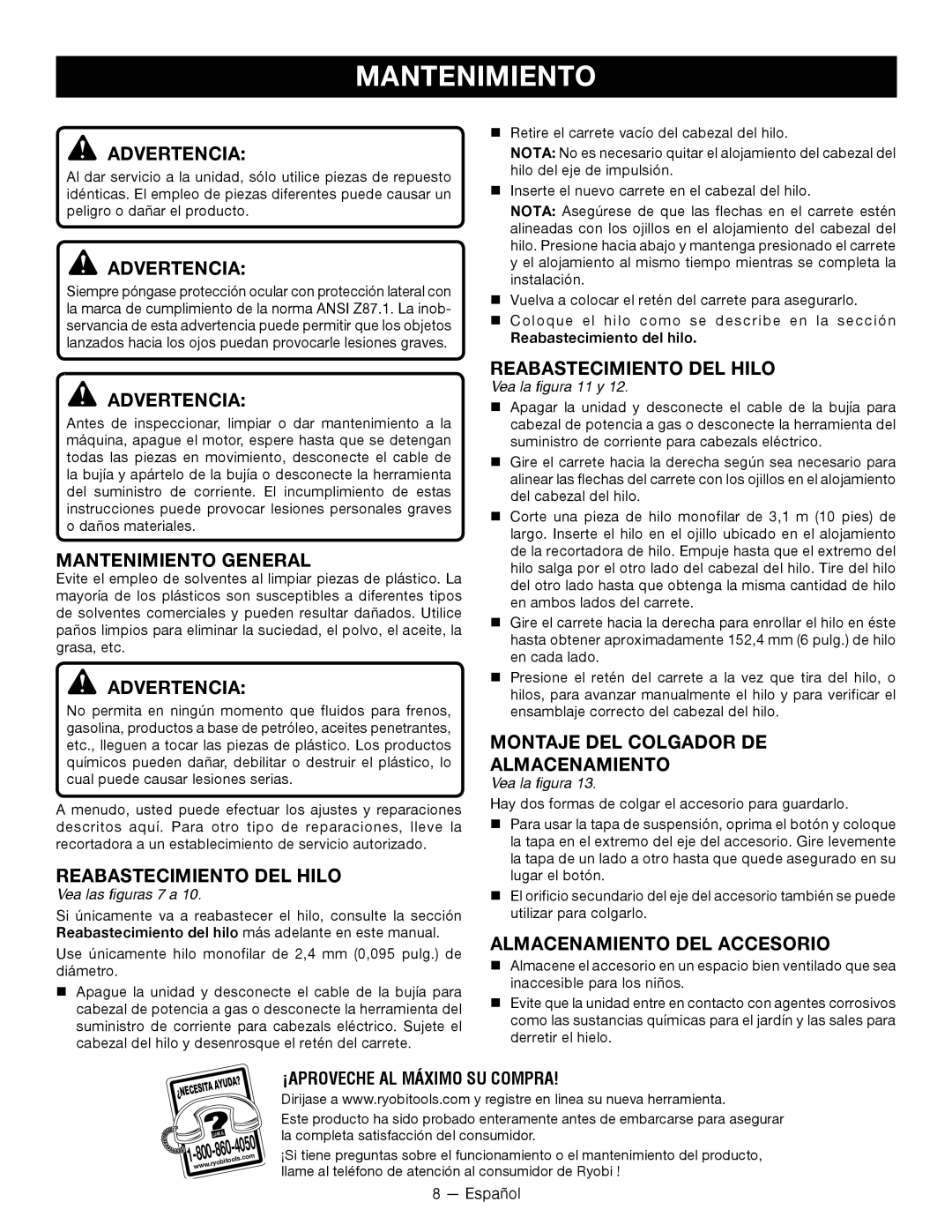 Ryobi RY15523 Mantenimiento General, Reabastecimiento DEL Hilo, Montaje DEL Colgador DE Almacenamiento 