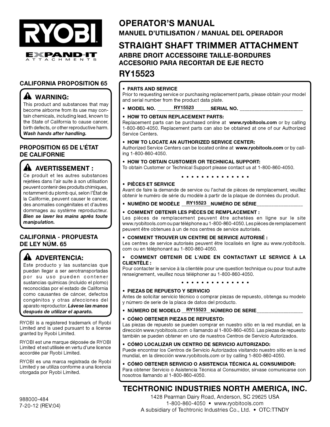 Ryobi RY15523 manuel dutilisation Manuel D’UTILISATION / Manual DEL Operador, California Proposition 