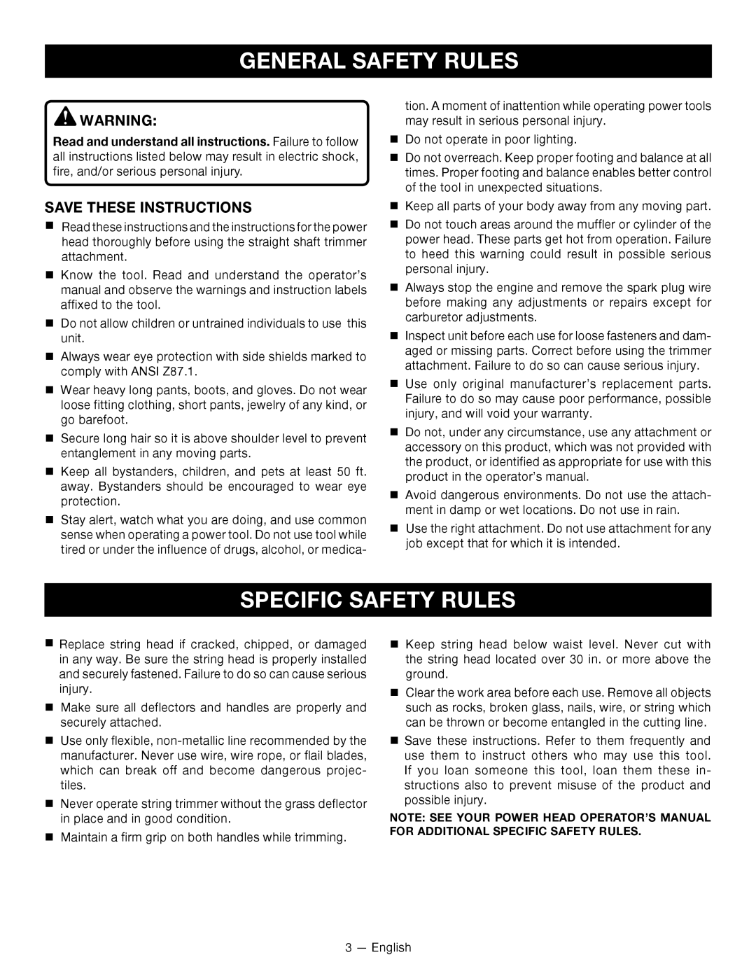 Ryobi RY15523 manuel dutilisation General Safety Rules, Specific Safety Rules 